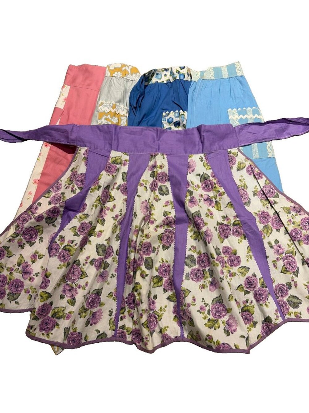 Vintage Lot Of 5 Handmade Half Aprons Embellished Floral Cottage Hostess EUC